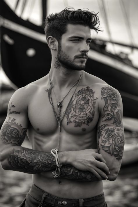 Explore striking full sleeve tattoos black and grey for men, featuring intricate designs that capture both strength and style. Perfect for those seeking bold black and grey tattoos. #FullSleeveTattoos #BlackAndGreyTattoos #MensTattoos Fit Tattooed Men, Black And White Tattoo Sleeve Men, Big Tattooed Men, Muscular Tattooed Men, Sleeve Tattoos Black And Grey, Sleeve Tattoos Black, Tattooed Man, Black And Grey Tattoos Sleeve, Book Mood