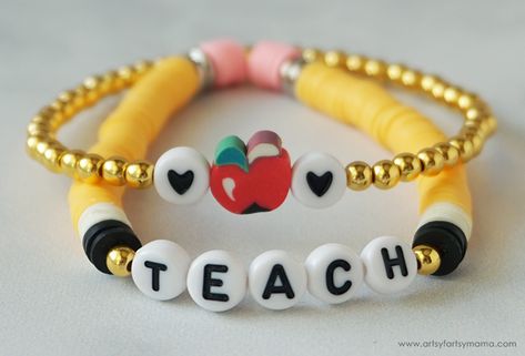 Heishi Teacher Bracelet Set | artsy-fartsy mama Clay Bead Bracelet Ideas, Bead Bracelet Ideas, Handmade Teacher Gifts, Cricut Business, Teacher Bracelet, Heishi Bracelets, Teacher Appreciation Gifts Diy, Clay Bead Bracelet, Teachers Diy