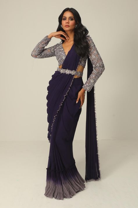 Shop for these amazing collections of Purple Organza Embroidery Cutdana Ombre Pre-draped Saree With Blouse For Women by Rishi and Soujit online at Aza Fashions. Beaded Saree Blouse, Glam Saree, Ombre Saree, Full Sleeves Blouse Designs, Chic Prom Dresses, Saree With Belt, Draped Saree, Sarees For Girls, Saree Wearing Styles