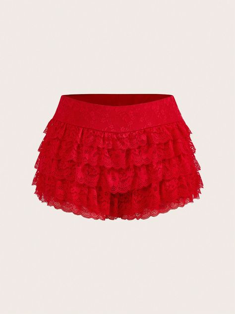 Plus Size Summer Fashionable Solid Color Multi-Layer Lace Ruffle Hem Shorts Red Casual   Knitted Fabric Plain Skinny High Stretch  Women Plus Clothing, size features are:Bust: ,Length: ,Sleeve Length: Red Ruffle Shorts, White And Red Outfit, Coquette Shorts, Outfits Extra, Icon Y2k, Rave Festival Outfits, Red Mini Skirt, Shein Icon, Rave Festival