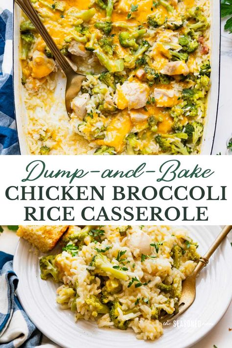 With about 10 minutes of prep, this dump-and-bake chicken broccoli rice casserole is an easy dinner that cooks in one dish! There's no need to pre-cook the rice, pre-cook the chicken, or sauté the veggies, so the comfort food meal is an ideal option to pop in the oven for busy nights. Chicken Broccoli Rice Cheese Casserole, Broccoli Casserole Healthy, Cheap Casseroles, Baked Chicken Casserole, Bougie Girl, Broccoli Recipes Casserole, Chicken Broccoli Rice Casserole, Chicken Broccoli Rice, Chicken Casserole Easy