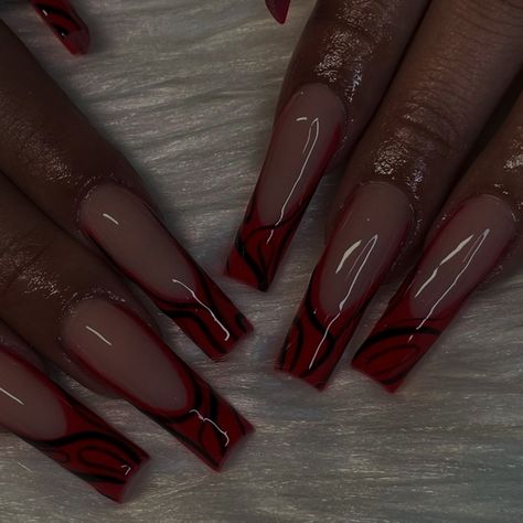 Wine Coffin Nails, Baddie Red Nails, Red And Black French Tip Nails, Black And Red French Tip Nails, Red Design Nails, Nail Art Designs Red, Ballerina Acrylic Nails, Bday Nails, Black French Tips