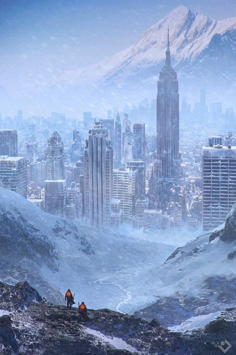 Snowy Post Apocalypse, Post Apocalyptic Fantasy Art, Post Apocalypse Landscape, Apocalypse Artwork, Snow Apocalypse, Art Apocalypse, Zombies Apocalypse Art, Apocalypse Landscape, Post Apocalyptic City