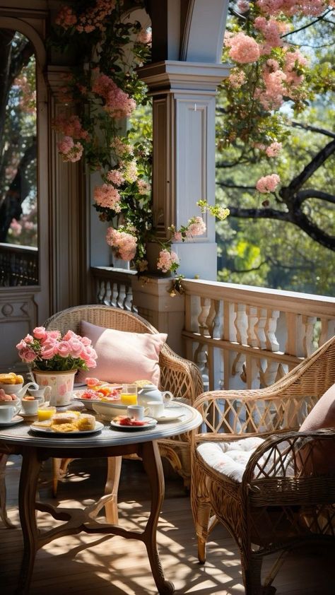 French Terrace, Pink Balcony, Coastal Porch, Balcony Aesthetic, Porch Deck Ideas, Beautiful House Ideas, Decoration Plants, Lights Decoration, Blue Patio