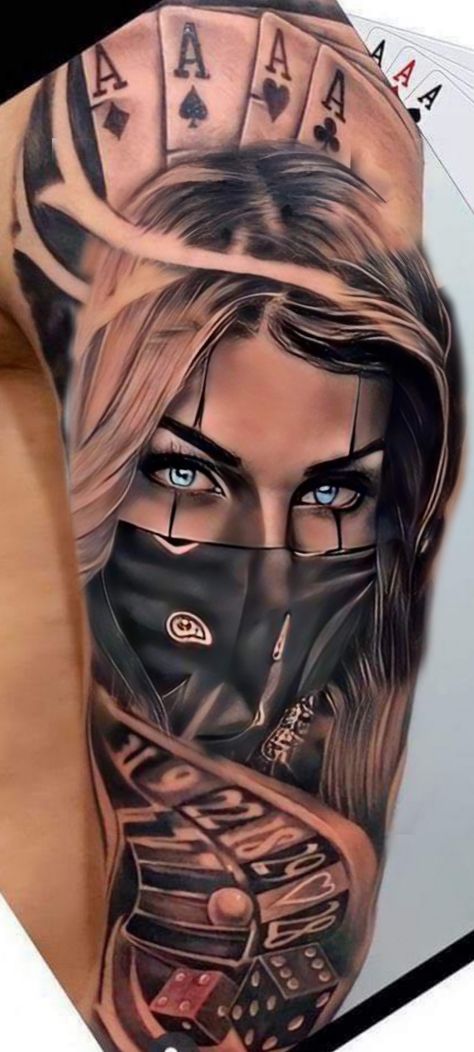 Full Sleeve Tattoo Designs For Women, Chicano Woman Tattoo Design, Female Joker Tattoo, Chicano Gangster Tattoo Designs, Chicano Art Tattoos Gangsters, Chicana Style Tattoo, Gangster Girl Tattoo, Gangsta Tattoos For Women, Chicano Girl Tattoo