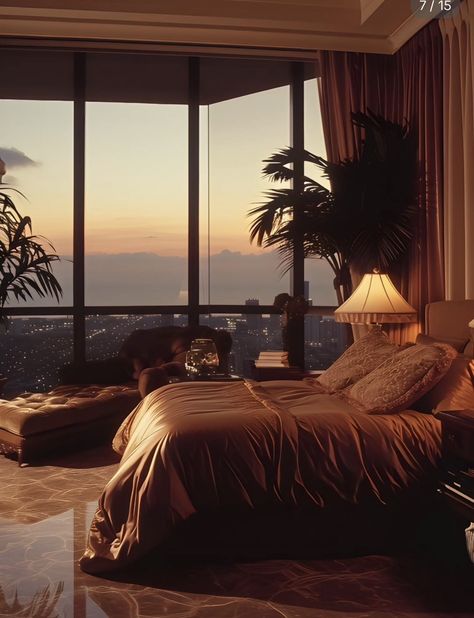 Cozy Rich Bedroom, Miami Apartment Bedroom, Dark Luxury Interior Design, La House Aesthetic, Bedroom Ideas Aesthetic Vintage, Rich Bedroom Aesthetic, 80s House Aesthetic, 80s Luxury Interior, 80s Apartment Aesthetic