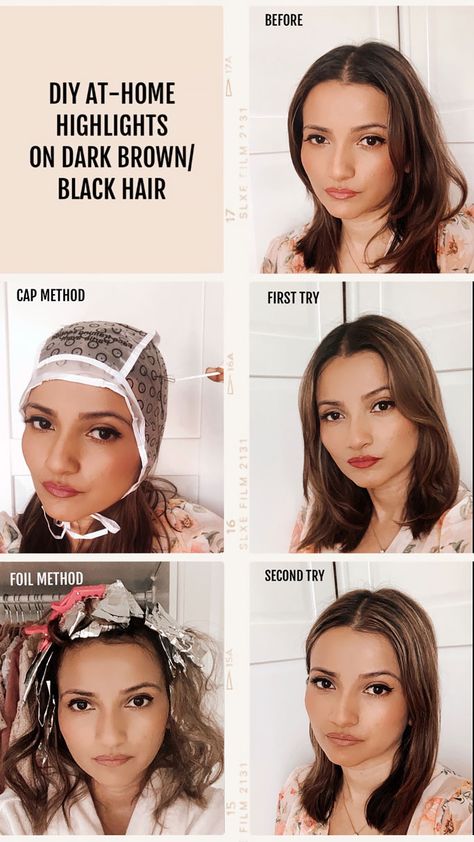 How To Highlight Your Hair At Home Diy Dark Brown, Frost And Glow Highlights Revlon, Box Highlights At Home, Cap Highlights On Dark Hair, At Home Highlights For Dark Hair, Hair Cap Highlights, Cap Highlights Before And After At Home, Diy Highlights Hair At Home, Black Hair At Home