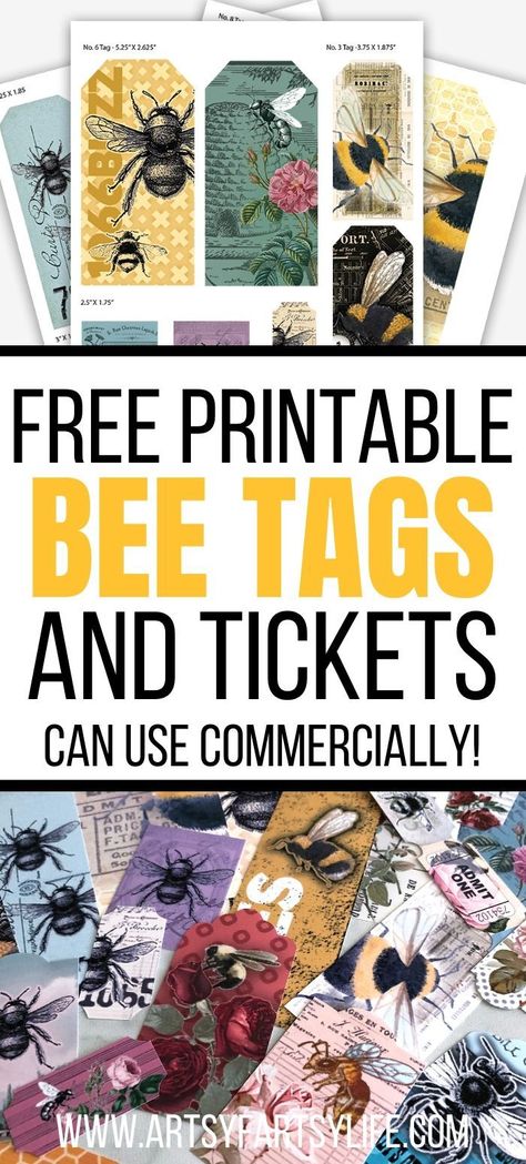 Journal Tags Printable, Bee Ephemera, Free Printable Ephemera, Journaling Ephemera, Pretty Graphics, Collage Printables, Bee Tags, 2024 Printable, Bee Printables