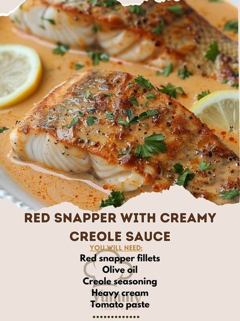 Red Snapper With Creamy Creole, Red Snapper With Creole Sauce, Creamy Creole Sauce, Red Snapper With Creamy Creole Sauce, Red Fish Recipes, Cooking Red Snapper, Baked Snapper, Red Snapper Fillet, Red Snapper Recipes