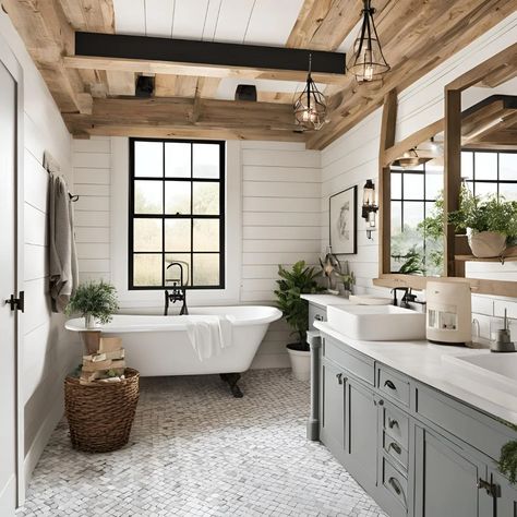 Farmhouse Bathroom Ideas for a Modern Rustic Look Cute Country Bathroom Ideas, Half Bathroom Ideas Shiplap, Master Ensuite Bathroom Farmhouse, Barndo Master Bath Ideas, Trendy Bathroom Design, Hill Country Bathroom, Bathroom With White Countertop, Modern Farmhouse Bathroom With Tub, Modern Log Home Bathroom