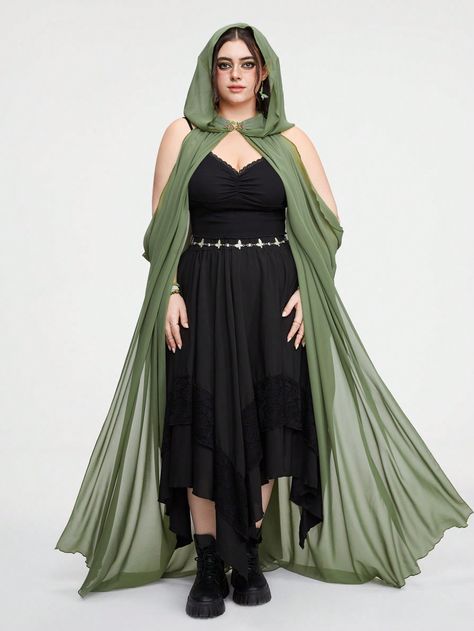 Plus Size Solid Color Pleated Spaghetti Strap Sleeveless Forest Elf Vintage Cape For Women Army Green Casual  Sleeveless Chiffon Halloween,Plain  Slight Stretch  Women Plus Clothing, size features are:Bust: ,Length: ,Sleeve Length: Dark Fairy Costume, Long Dress Bridesmaid, Nomad Clothing, Ren Faire Outfits, Strega Fashion, Cape For Women, Armor Dress, Fair Outfits, Forest Elf