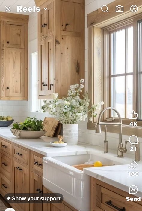 Under Window Kitchen Bench, Light Brown Kitchen Cabinets Wood White Counters, Brown Cabinets Kitchen White Counter, Warm Tone Kitchen Ideas, Wood And Cream Kitchen, Warm Kitchen Aesthetic, White Brown Kitchen, Tan Kitchen Cabinets, Brown And White Kitchen