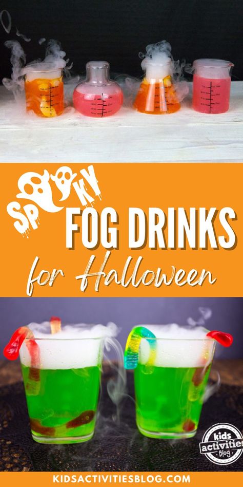 Dry Ice Kids Drink, Diy Fog Juice, Frozen Halloween Drinks, Dry Ice Drinks For Kids, Kids Fall Drinks, Halloween Drinks For Kids School, Dry Ice Experiments Kids, Spooky Drinks For Kids, Dry Ice Halloween Drinks