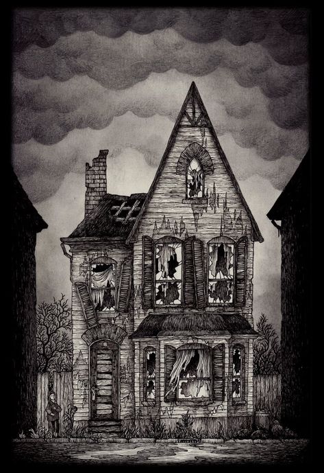 Originals | John Kenn Thomas Ligotti, Haunted House Drawing, Feeling Uneasy, John Kenn, Scary Houses, Scary Stories To Tell, Creepy Houses, Pen On Paper, Spooky House