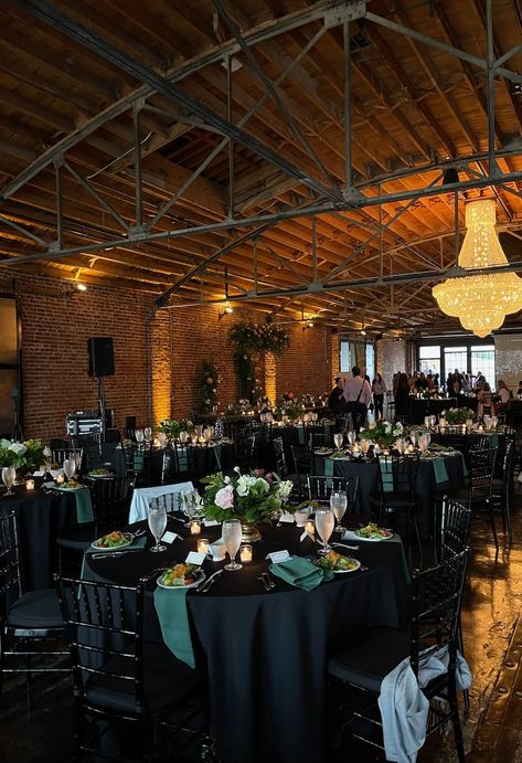 Wedding Colors Black And Green, Black Gold And Forest Green Wedding, Black Forest Green Wedding, Black Forest Wedding Theme, Black And Green Theme Party, Emerald Green Black White Silver Wedding, Black And Emerald Wedding Decorations, Emerald Black And Silver Wedding, Dark Green Reception Decor