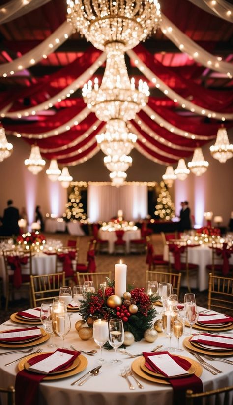 I love the classic red and gold color scheme for Christmas weddings. It’s timeless and festive. Red poinsettias and gold ornaments make beautiful centerpieces. Royal Wedding Reception Decor, Wedding Color Schemes Red Gold, Red Winter Wedding Theme, Christmas Themed Wedding Reception, White Red And Gold Wedding, Red White And Gold Christmas Decor, Red Black And Gold Wedding Theme, Red And Gold Table Decorations, Red Debut Theme