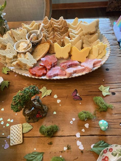 Forest Fairy Tea Party, Enchanted Fairy Garden Party Food, Two Enchanted Birthday, Fairy Party Food Ideas Enchanted Garden, Butterfly Vegetable Tray, Fairy Themed Tea Party, Fairy Picnic Food Ideas, Fairy Forest Birthday Party Ideas, Woodland Fairy Food Ideas