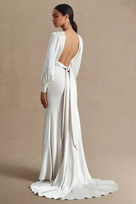 Watters Clara Plunge V-Neckline Puff-Sleeve Bias-Cut Charmeuse Wedding Gown By Watters, Classy Wedding Dress, Minimalist Wedding Dresses, Bias Cut Skirt, Top Wedding Dresses, Column Gown, Sleeve Wedding Dress, Wedding Goals, Vintage Victorian