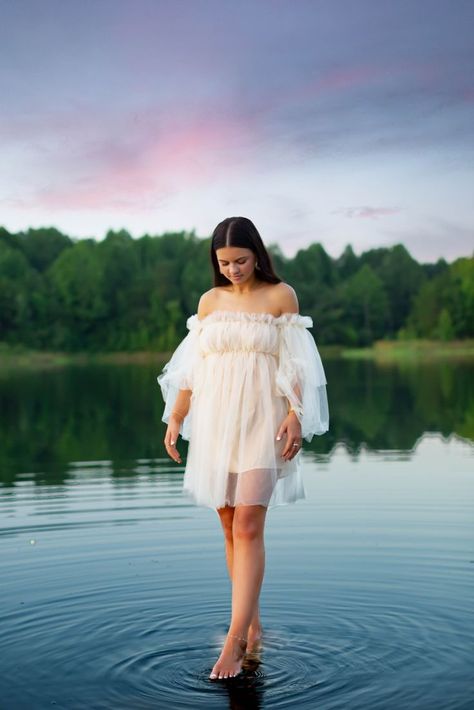 Virginia sunset walk on water photoshoot Senior Pictures Water, Lake Senior Pictures, Sunset Senior Pictures, Water Fashion, Senior Photoshoot Poses, Sunset Walk, Water Photoshoot, Lake Photoshoot, Water Shoot