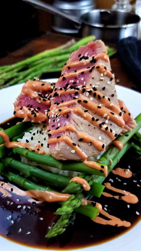 Seared Tuna Steak with Soy Sauce Gravy - Bacon & Vodka Sauce For Tuna Steak, Ahi Tuna Sauce, Tuna Steak Dinner, Seared Tuna Steak, Spicy Mayo Sauce, Tuna Sauce, Bacon Vodka, Seared Tuna Steaks, Grilled Tuna Steaks