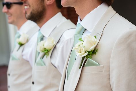 Cream and mint green Walt Disney World groomsmen attire Cream Suit With Sage Green Tie, Cream Suit Green Tie, Pink And Green Groomsmen Attire, Sage Tie Wedding, Sage Green Bridesmaid Dresses With Groomsmen, Sage Green And Cream Wedding, Green Groomsmen, Mint Green Bridesmaids, Wedding Groomsmen Attire