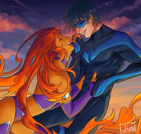 Star Fire And Nightwing, Starfire X Nightwing, Nightwing X Starfire, Nighwing, Robin Starfire, Draw Better, Teen Titans Love, Teen Titans Robin, Teen Titans Starfire