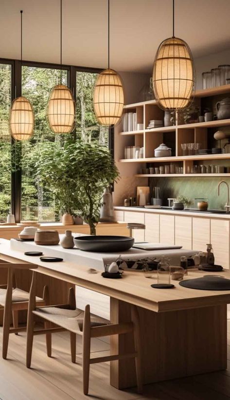 Create culinary magic in a Japanese kitchen - natural wood accents and soothing palettes. Japanese Inspired Home Design, Japanese Wood Interior, Japanese Style Dining Room, Natural Wood Home Design, Japanese Kitchen Interior, Asian Inspired Interior Design, Japanese Inspired Kitchen Design, Modern Chinese Kitchen, Modern Japanese Interior Kitchen