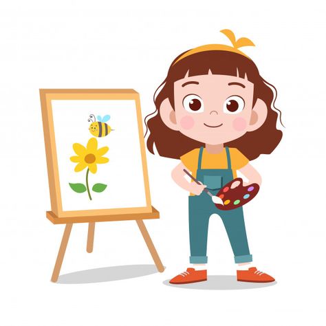 Happy kid draw flower painting Premium Vector | Premium Vector #Freepik #vector #flower #school #people #book Kid Drawing Ideas, Paint Cartoon, Kid Painting, Paintings Illustration, Kid Drawing, Painting Cartoon, Paint Illustration, Painting Kids, Draw Cartoon