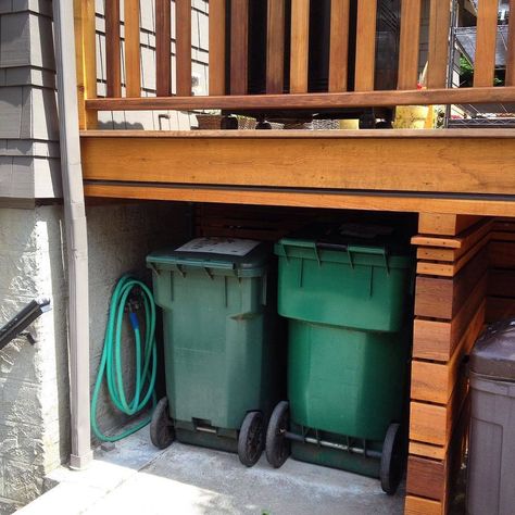 trash storage under deck Porch With Storage Underneath, Under Deck Storage Drawer, Under Deck Wood Storage, Under Deck Drawers, Under Porch Storage Ideas, Under Porch Storage, Under Deck Storage Shed, Under Porch Covering, Shed Under Deck Ideas