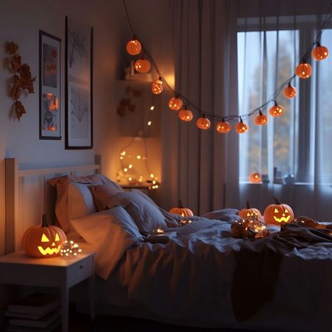 Pumpkin string lights add a spooky touch to any room. These Halloween-themed lights spread an orange glow that enhances the seasonal vibe, making the bedroom a warm, festive retreat. Halloween Ambiance, String Lights In The Bedroom, Halloween Bedroom, Orange Glow, Bedroom Decorations, Soft Orange, Pumpkin Lights, Halloween Vibes, Orange Pumpkin