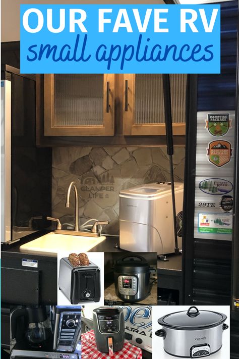 Camper Appliances, Rv Kitchen Appliances, Rv Appliances Camper Trailers, Rv Appliances Small Spaces, Rv Microwave Ideas, Rv Wood Stove Travel Trailers, Rv Dishes, Rv Coffee Maker, Campervan Microwave And Salt Storage