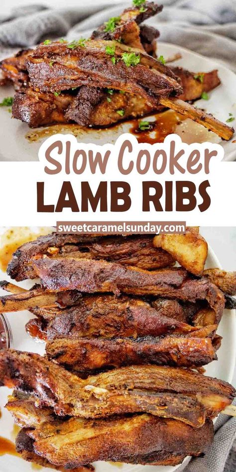 Slow Cooker Lamb Ribs on white plate with chopped parsley and a drizzle of sauce. Lamb Ribs Air Fryer, Slow Cooked Lamb Ribs, Lamb Rib Recipes, Goat Ribs Recipe, Rib Steak Recipe Crockpot, Lamb Ribs Recipe Slow Cooker, Lamb Ribs Recipe Ovens, Lamb Spare Ribs Recipe, Lamb Crockpot Recipes