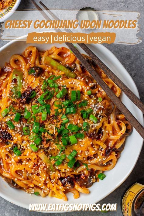 Cheesy Vegan Gochujang Udon Noodles: the perfect 20-minute meal! Chewy udon noodles doused in rich gochujang sauce, tossed with creamy vegan cheese, and topped with toasted sesame seeds & green onion make for the perfect slurpable bowl of noodles! The robust team of gochujang, gochugaru, vegan cheese, and vegan butter produces a display of umami so beautifully in this dish, you’ll be giving it a standing ovation after just one bite! Gochujang Udon, Vegan Gochujang, Cheesy Ramen, Saucy Noodles, Udon Noodles Recipe, Cheese Noodles, Vegan Cheddar, Instant Ramen, Asian Noodles