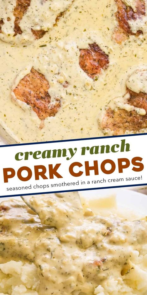 Juicy and tender pork chops are seared, then smothered in a gloriously creamy and insanely flavorful garlic ranch sauce! Perfect over mashed potatoes or rice, this one pan dinner is ready in about 30 minutes and sure to "wow" the entire family! Bone In Smothered Pork Chops, Pork Chop Recipes Cream Of Chicken, Ranch Style Pork Chops, Freezer Pork Chops, Pork Chop And Gravy Recipes, No Peek Pork Chops And Rice, Boneless Pork Chop Recipes Stove Top, Baked Smothered Pork Chops In Oven, Smoother Pork Chops