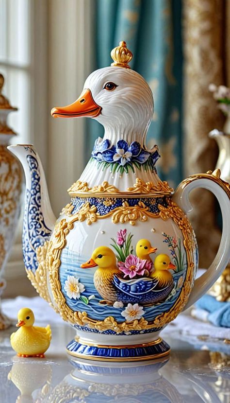 Decoration - Duck teapot porcelain - AI creation Tea Room Decor, Blue And White Dinnerware, Tea Pots Art, Crockery Design, Teapots Unique, Miniature Tea Set, Teapots And Cups, Antique Tea, My Cup Of Tea