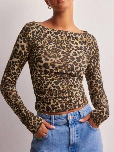 Women's Casual Leopard Print Long Sleeve T-Shirt, Spring & Autumn Tee Multicolor Casual  Long Sleeve Knitted Fabric Leopard Print,Textured Pattern  High Stretch  Women Clothing, size features are:Bust: ,Length: ,Sleeve Length: Leopard Print Shirt Outfit, Printed Shirt Outfit, Cheetah Print Shirt, Cheetah Print Shirts, Cheetah Print Top, Xmas Wishlist, 2024 Halloween, Leopard Print Shirt, Xmas List