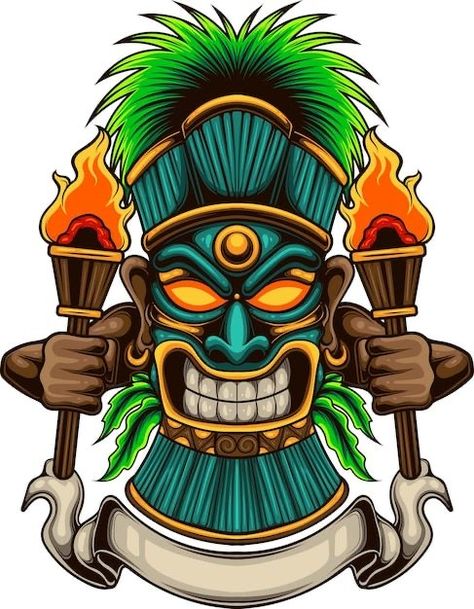 Tiki Bar Artwork, Tiki Cartoon, Tiki Mask Drawing, Mascaras Tiki, Tiki Tattoo Ideas, Tiki Illustration, Tiki Bar Ideas, Tiki Artwork, Tiki Pole