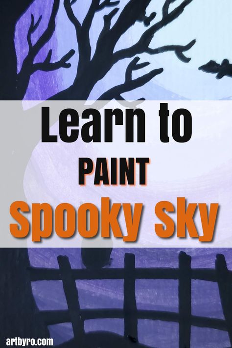 Learn how to paint a spooky sky. Halloween value painting. Free art lesson for kids of all ages. #Halloweenartproject #artprojectsforkids Halloween Night Sky Painting, Spooky Painting Tutorial, How To Paint Halloween, Halloween Kids Paintings On Canvas, Halloween Canvas Art For Kids, Halloween Canvas Art Diy, Halloween Painting Tutorial, Easy Halloween Paintings For Kids, Halloween Painting For Kids