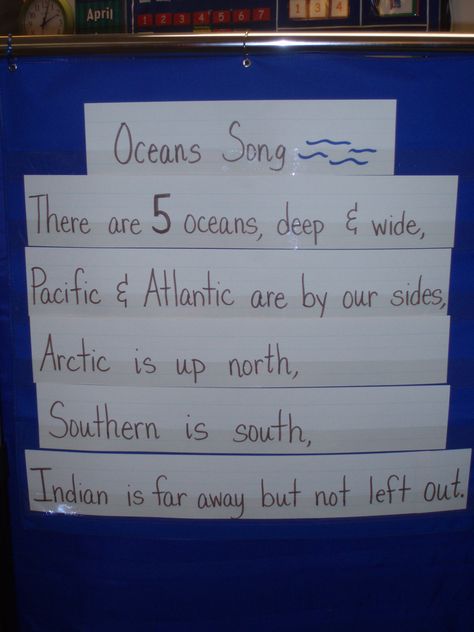 Oceans Song (sing to the tune of "I'm a Little Teapot")  I like that it is up to date with all 5 oceans and old school with only 4... Continent Song Preschool, Continents And Oceans Project, Continent And Oceans Activities, 1st Grade Continents And Oceans, Continents Song, Ocean Lesson Plans, Oceans Song, Third Grade Social Studies, Ocean Theme Preschool