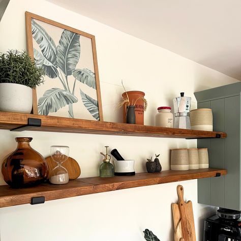 Kitchen pots, coffee mugs, bathroom towels, entryway storage, living room magazines and candles, office organisation – our shelves can handle it all. Each one is handmade to order and fitted with heavy-duty steel brackets, designed to fit any space perfectly. Also, free delivery for the UK and Europe through DHL’s carbon-neutral GoGreen service! 🚚 📦 #shelves #shelving #homedecor #kitchen #bathroom #office #entryway #livingroom #storage #organisation Wooden Shelves Dining Room, Wood Shelf Black Brackets, Rustic Wood Shelves Kitchen, High Shelf Kitchen, Open Shelving Entryway, Kitchen Wall Decor With Shelves, Wood Shelves With Brackets, Wooden Bedroom Shelves, Long Floating Shelf Kitchen