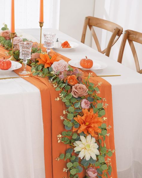 PRICES MAY VARY. 🧡VIBRANT COLORS FOR FALL: Embrace the natural enchantment with our fall garland. You will receive a delicate flower garland with 5 exquisite floral varieties in 5 harmonious hues. Perfect size (Total Length - 6.07ft/1.85m) to add beauty to your home decor, without any of the upkeep. 🧡ABUNDANT FLORAL MATCH: Indulge in the enchanting variety of our eucalyptus garland with flowers. We've handpicked romantic roses, sumptuous peonies, delicate hydrangeas and majestic dahlias to int Office Autumn Decor, Fall Decor For Party, Flowers For Wedding Arch, Farm Wedding Decor, Garland For Table, Glam Fall Decor, Garland With Flowers, Farm Wedding Decorations, Terracotta Flowers