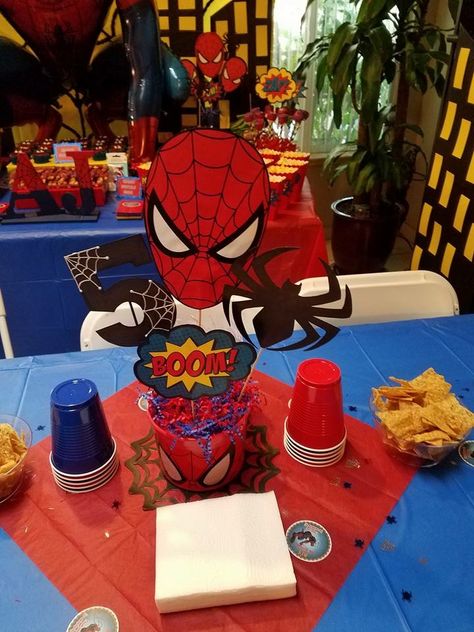 Spider-Man Theme Party Table Centerpiece by: Christina L. Spiderman Theme Party, Happy Birthday B, Spider Man Birthday Party, Spiderman Birthday Party Decorations, Spider Man Birthday, Spiderman Theme, Avenger Birthday Party, Party Table Centerpieces, Spiderman Birthday Party