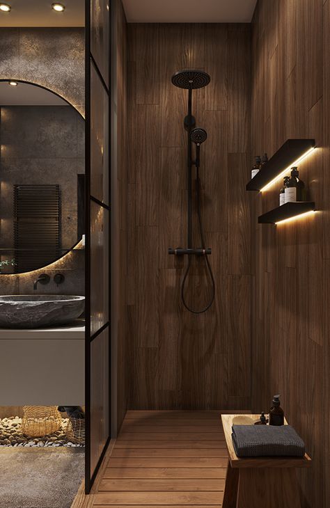 Wooden Modern Bathroom, Small Bathroom Ideas Black And Wood, Modern Dark Small Bathroom, Bathroom Ideas Small Dark, Dark Toned Bathroom, Black Wood Bathroom Ideas, Dark Bathroom Inspiration, Dark Grey And Wood Bathroom, Dark Bathroom With Wood