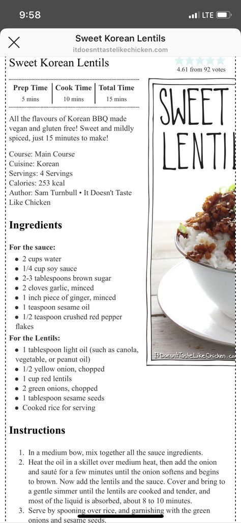 Sweet Korean Lentils, Korean Lentil Recipes, Korean Lentils, Plant Protein Recipes, Lentil Dishes, Plant Based Recipes Easy, Healthy Plant Based Recipes, Spiralizer Recipes, Asian Inspired Dishes