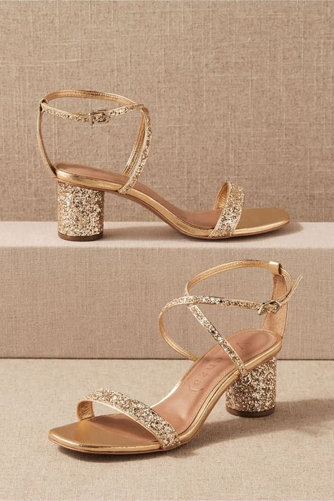 Gold Bridesmaid Shoes, Bhldn Shoes, Best Bridal Shoes, Gold Glitter Heels, Ivory Wedding Shoes, Ladies Style, Anthropologie Wedding, Short Heels, Bridal Sandals