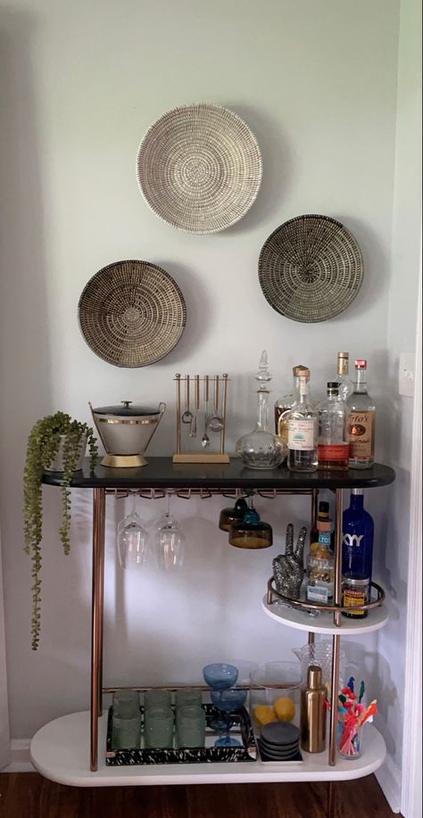 Bar cart styling, west elm dupe bar cart, boho, decor, glam Bar Crafts Ideas, West Elm Bar Cart Styling, Bar Cart Tequila, Bar Console Styling, Bar Cart Display Ideas, Neon Lights Bar Interior Design, Scandinavian Bar Cart, Boho Bar Cart Styling, Vintage Bar Cart Aesthetic