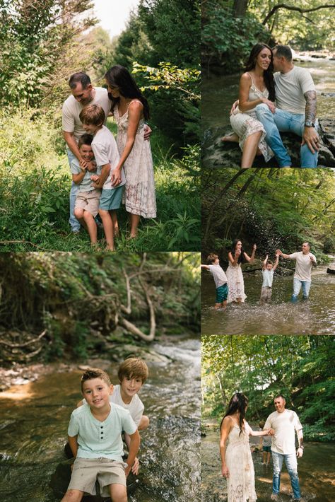 Creek Family Photoshoot Outfits, Creek Pictures Family, River Family Photos, Creek Photoshoot Kids, Family Creek Photos, Creek Family Pictures, Summer Outdoor Photoshoot, Creek Family Photoshoot, Creek Minis