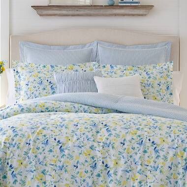 Laura Ashley Elise Blue/White Floral 100% Cotton Reversible Bonus Comforter Set with Shams and Decorative Pillows & Reviews - Wayfair Canada Laura Ashley Bedding, Cotton Comforter Set, Blue Comforter Sets, Floral Bedding Sets, Blue Comforter, Yellow Bedding, Karim Rashid, Reversible Comforter, Twin Comforter