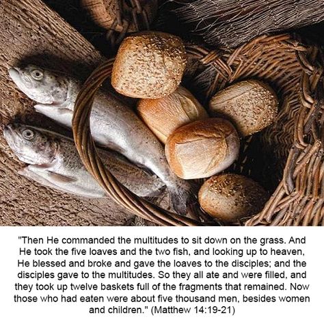 "Then He commanded the multitudes to sit down on the grass. And He took the five loaves and the two fish, and looking up to heaven, He blessed and broke and gave the loaves to the disciples; and the disciples gave to the multitudes. So they all ate and were filled, and they took up twelve baskets full of the fragments that remained. Now those who had eaten were about five thousand men, besides women and children." (Matthew 14:19-21) Five Loaves And Two Fish, Black Jesus, Jesus Photo, Two Fish, To Heaven, The Grass, Christian Art, Looking Up, Baskets