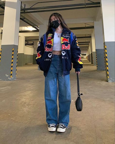 Oversized Sports Jacket Outfit, Oversized Racing Jacket Outfit, Megancore Outfits, Heavy Jacket Outfits, Graphic Jacket Outfit, Streetwear Jacket Women, Oversized Racer Jacket Outfit, Colorful Jacket Outfit, Lader Jackets Outfits